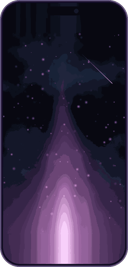 The Kiatara app showing a beam of healing light rising into the night sky