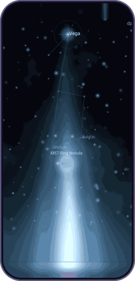 The Kiatara app showing a beam of light rising into the night sky
